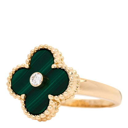Van Cleef & Arpels 18K Yellow Gold Diamond Malachite Vintage Alhambra Ring 53 6.5 3 of 5