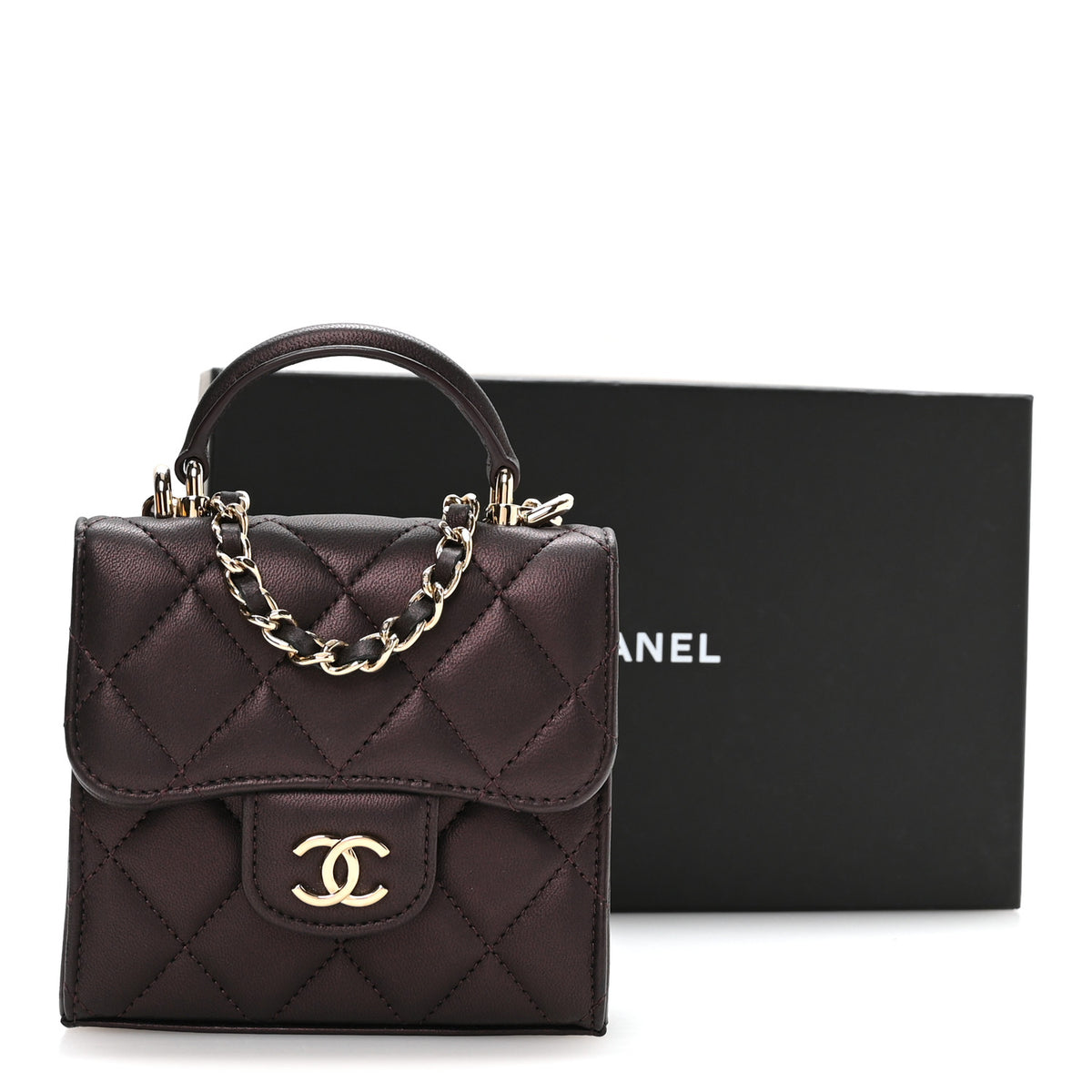 Chanel Iridescent Lambskin Quilted Top Handle Clutch With Chain Burgundy 12 of 12