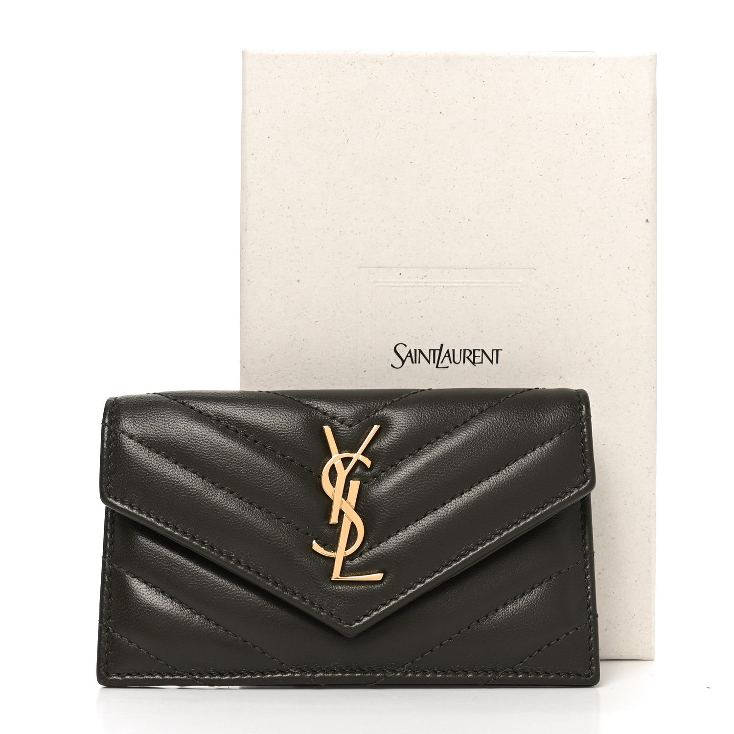 Saint Laurent Calfskin Matelasse Chevron Monogram Fragments Zippered Card Case Light Musk 8 of 8