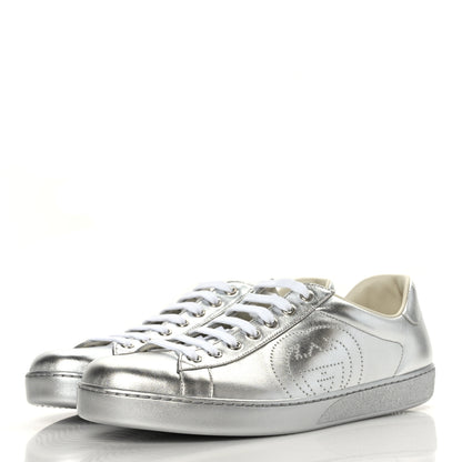 Gucci Metallic Nappa Interlocking G Perforated Mens Ace Sneakers 10 Argento 3 of 8