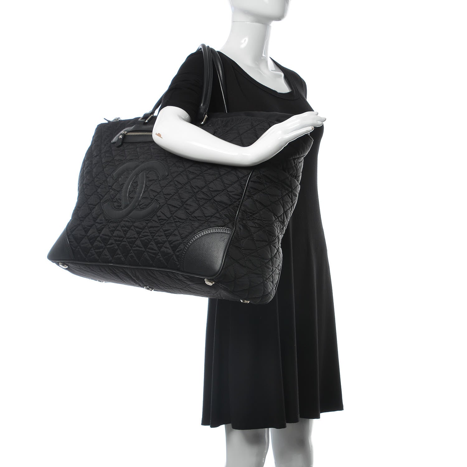 Chanel Nylon Quilted Calfskin Large CC Tote Bag Black 2 of 14
