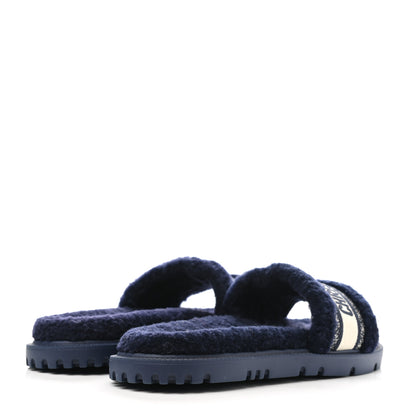 Christian Dior Shearling Canvas Embroidered Dway 10mm Slide Sandals 41 Deep Blue Natural 4 of 8