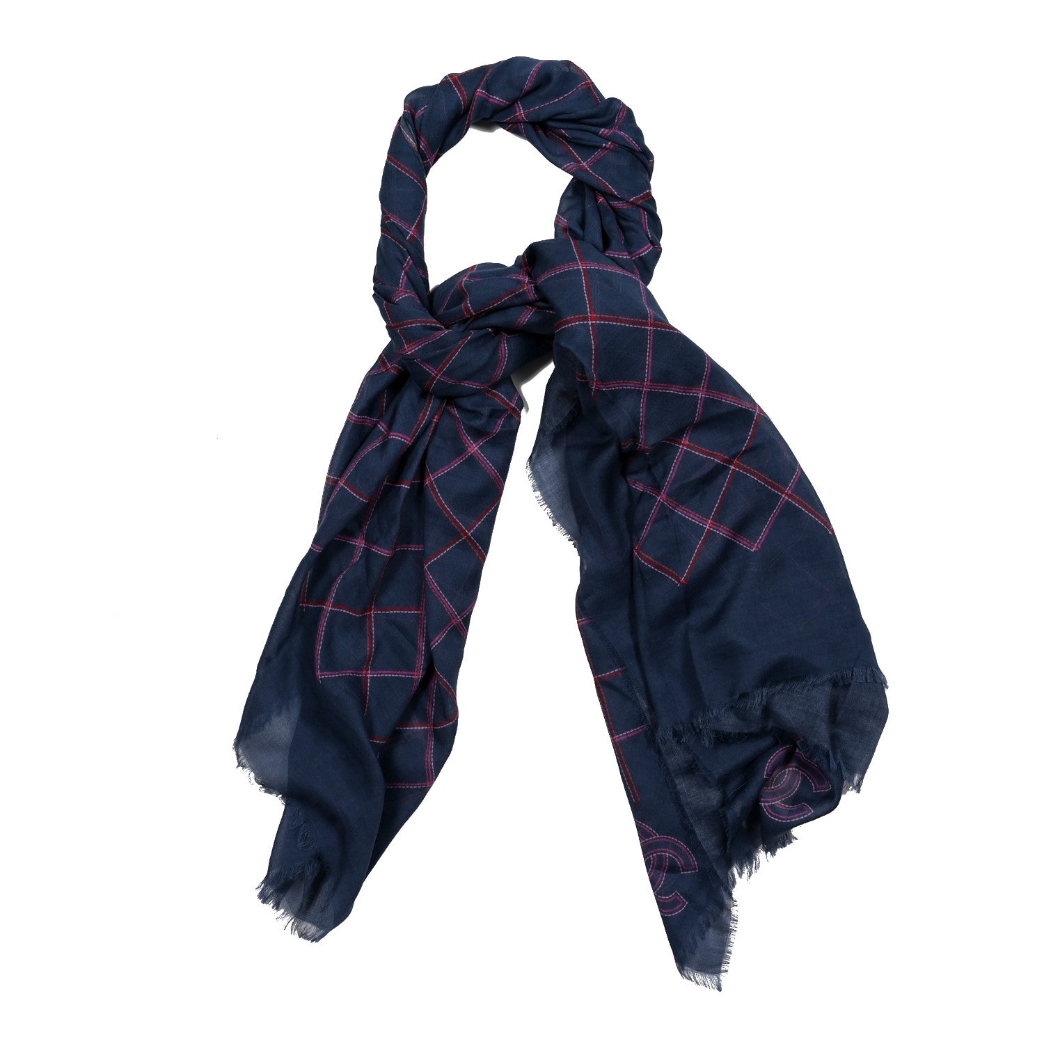 Chanel Cotton Cashmere Quilted CC Logo Stole Navy Pink 2 of 4