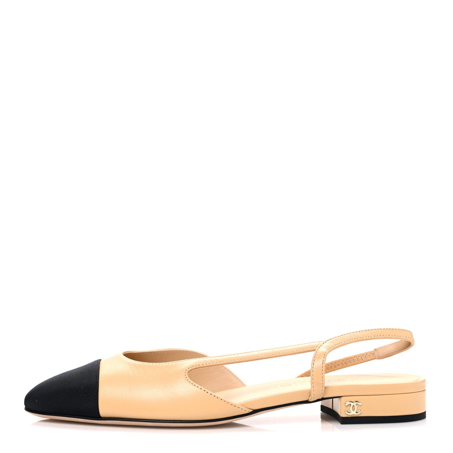 Chanel Goatskin Grosgrain Cap Toe CC Slingback Sandals 37.5 Beige Black 1 of 11