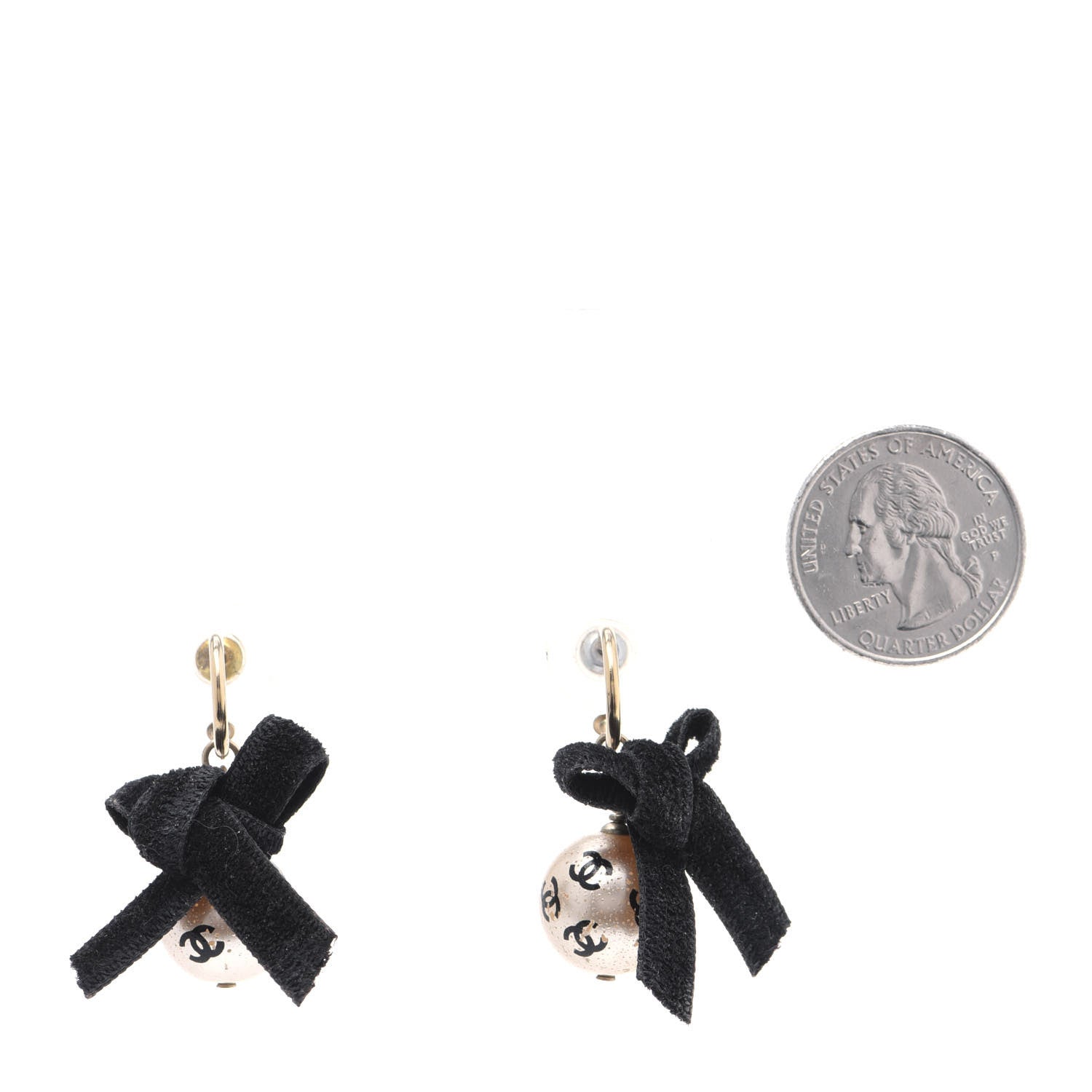 Chanel Pearl Bow Drop Earrings Gold White Black 2 of 7