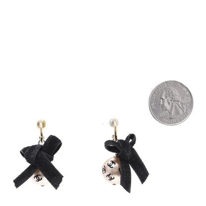 Chanel Pearl Bow Drop Earrings Gold White Black 2 of 7
