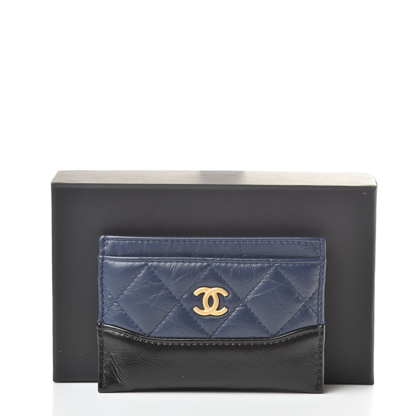 Aged Calfskin Quilted Gabrielle Card Holder Wallet Navy Black