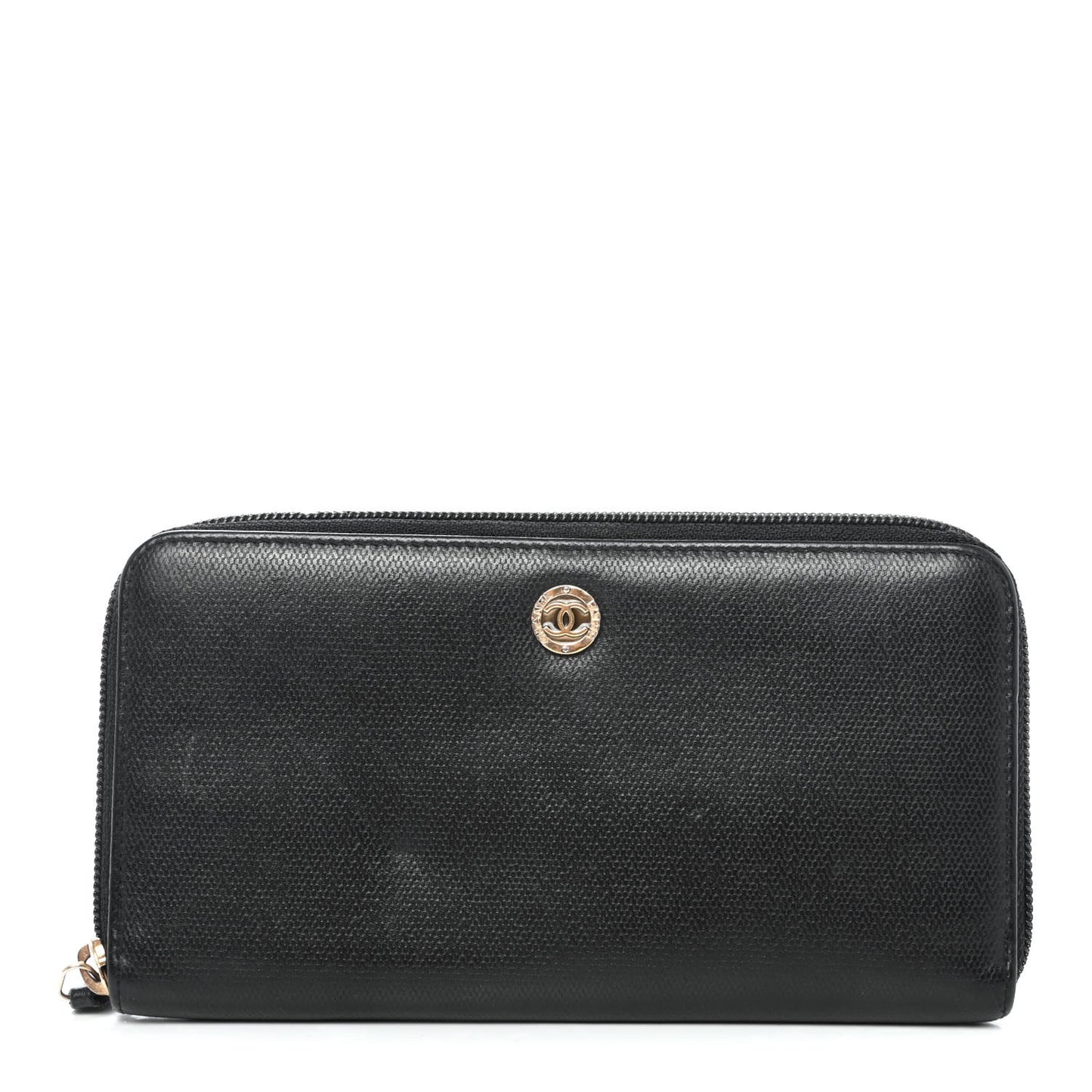 Grained Calfskin Large CC Zip Around Wallet Black