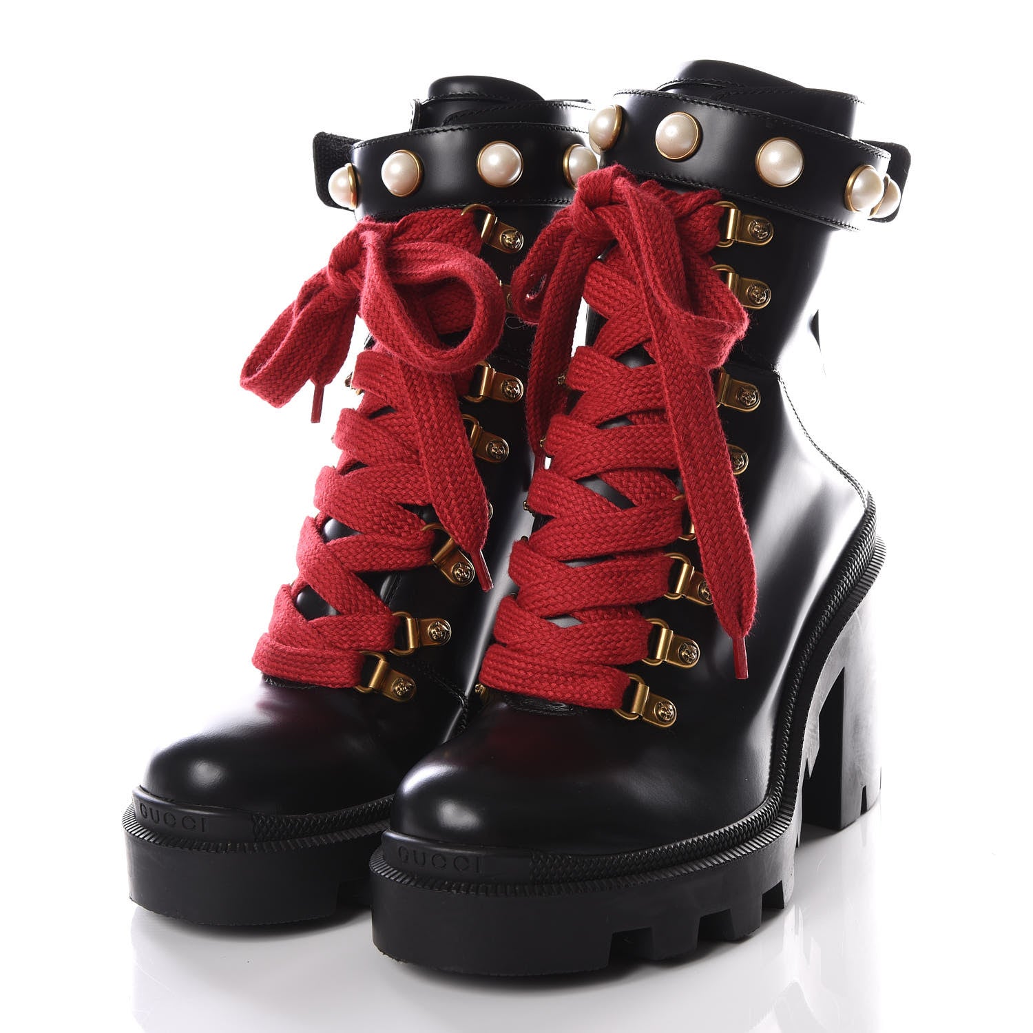Gucci Magnum Calfskin Pearl Lace Up Combat Ankle Boots 36.5 Black 2 of 9