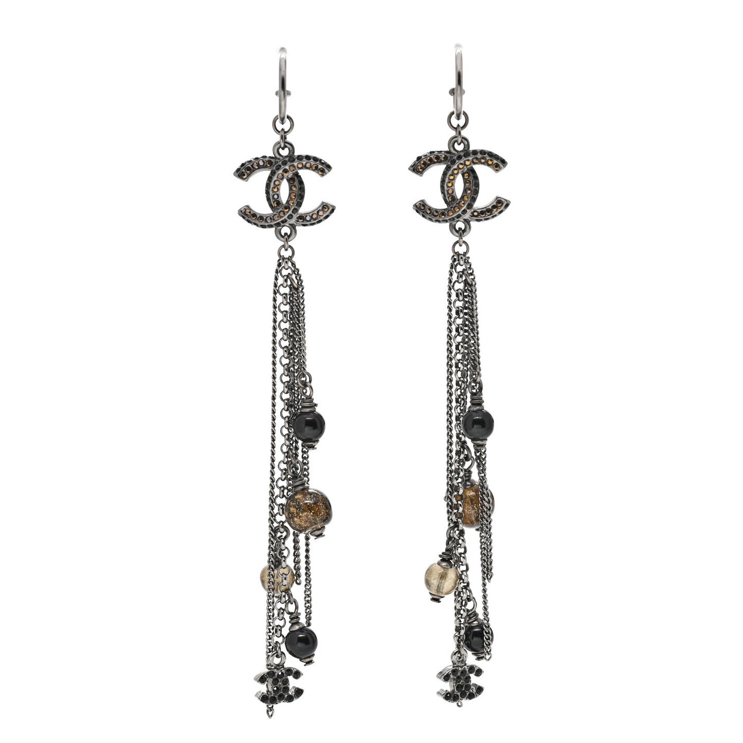 Beaded Crystal CC Drop Earrings Ruthenium Black