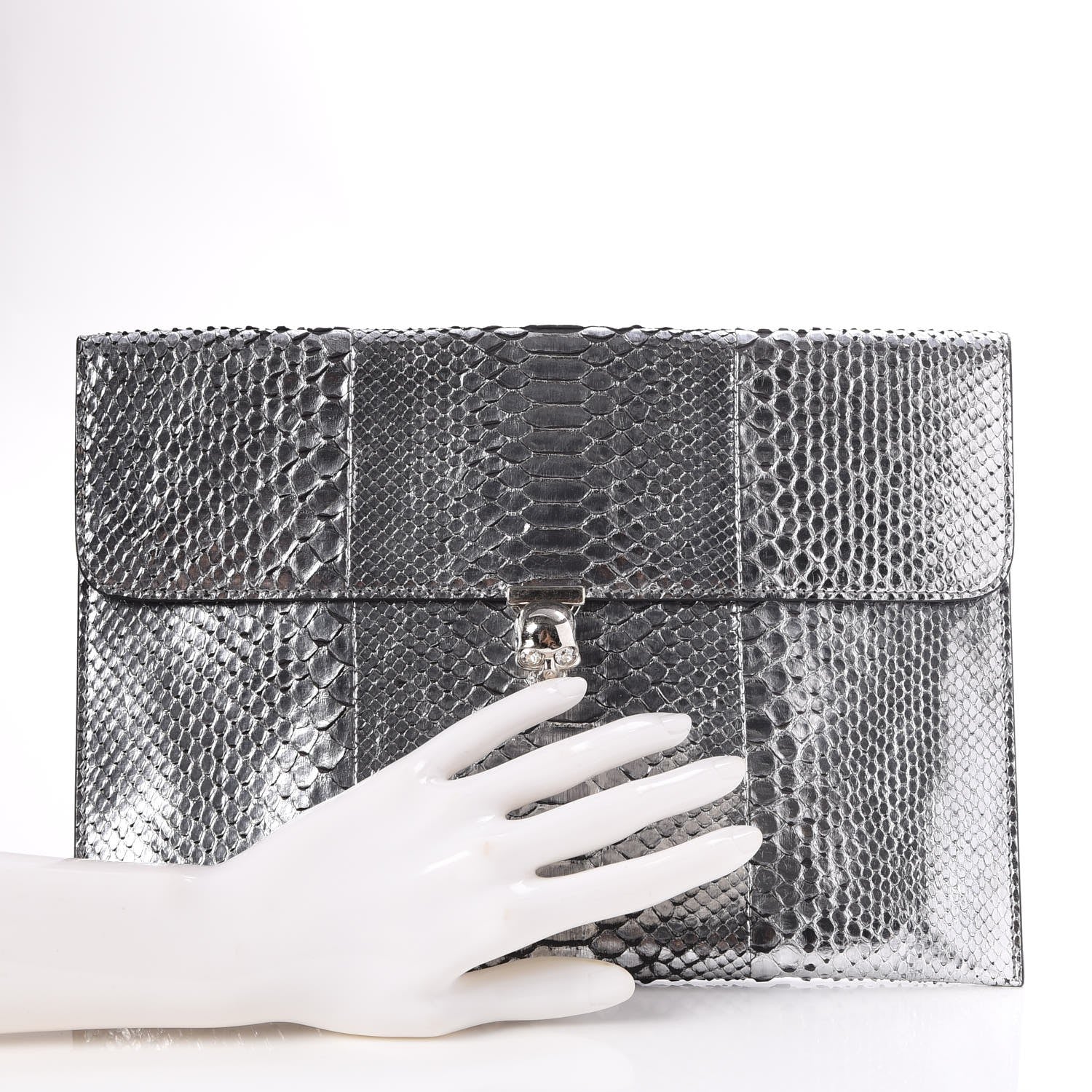 Alexander McQueen Metallic Python Embossed Skull Envelope Clutch Silver 2 of 10
