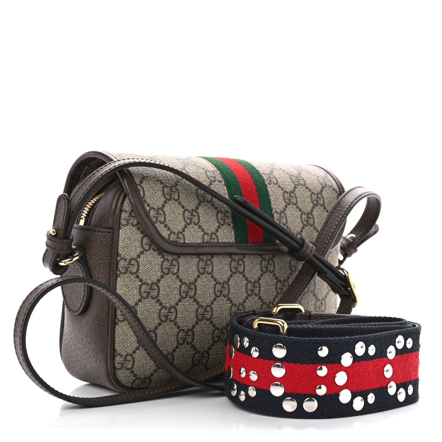 Gucci GG Supreme Monogram Textured Dollar Calfskin Web Studded Mini Ophidia Flap Shoulder Bag Beige Ebony New Acero 2 of 11