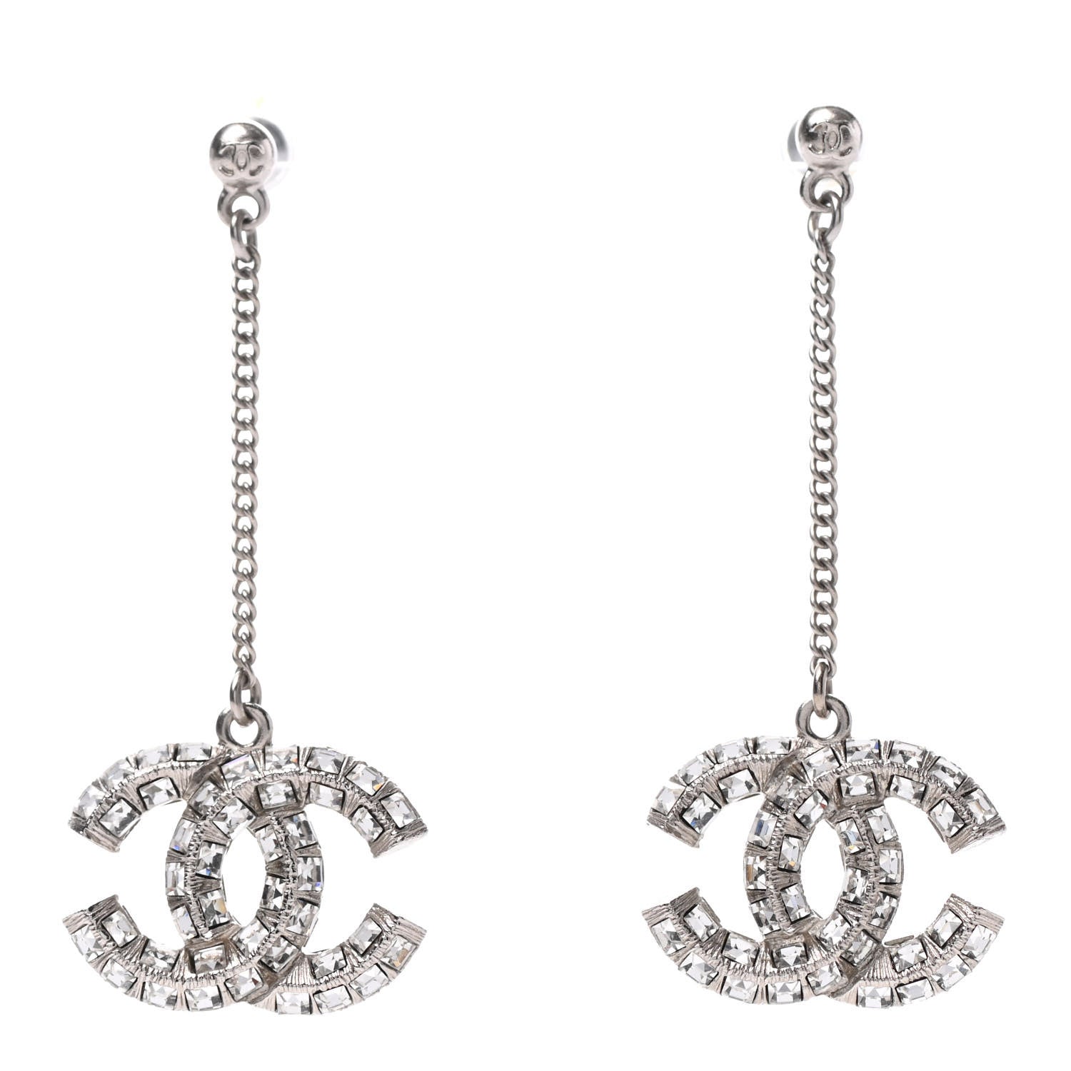 Chanel Baguette Crystal CC Drop Earrings Silver 1 of 4