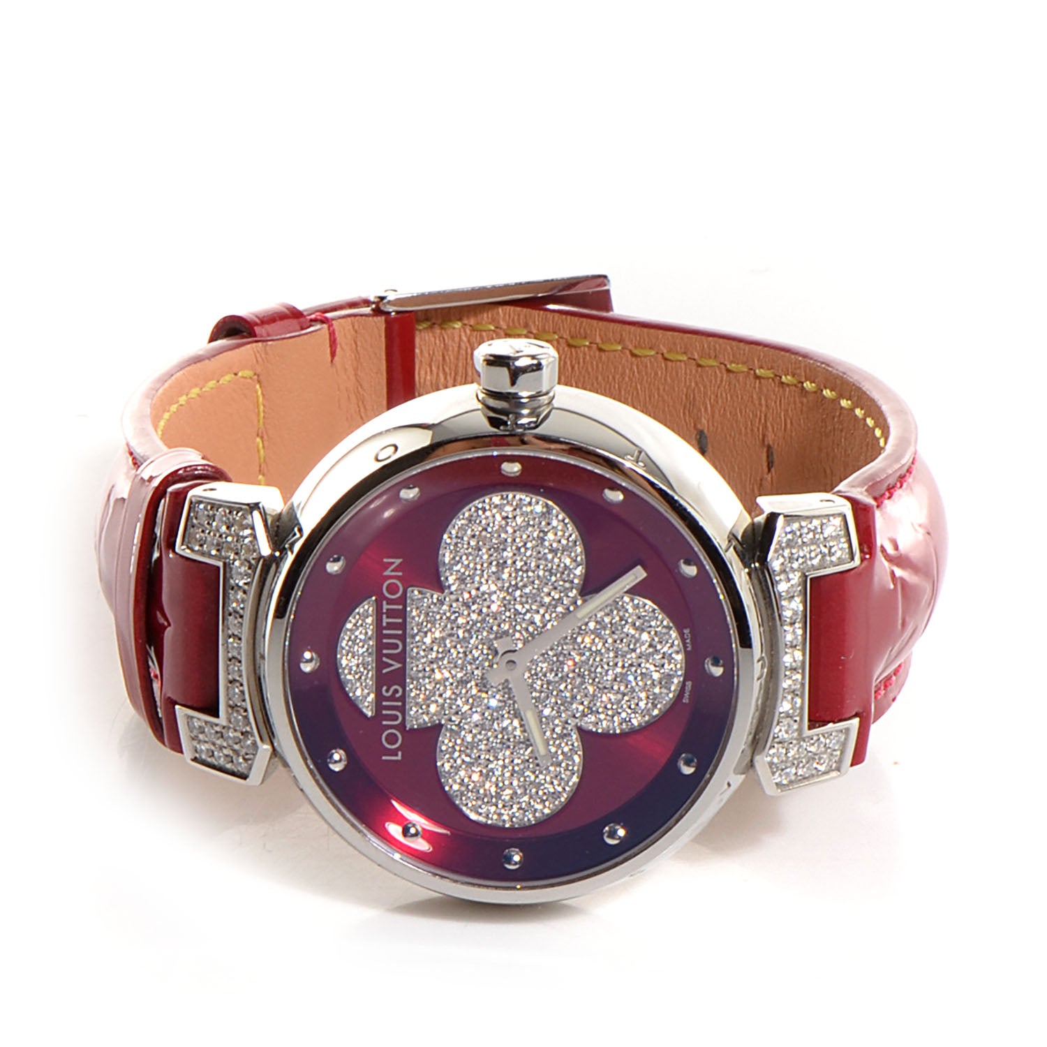 Louis Vuitton Stainless Steel Vernis Diamond 34mm Tambour Forever Quartz Watch Red 11 of 12