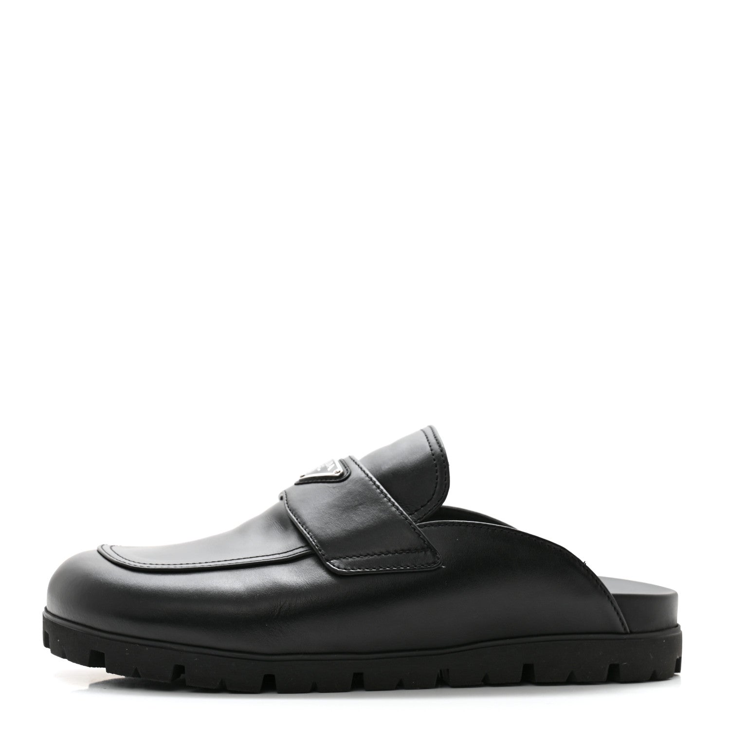 Prada City Calfskin Triangle Logo 20mm Flat Mules 12 Black 1 of 10