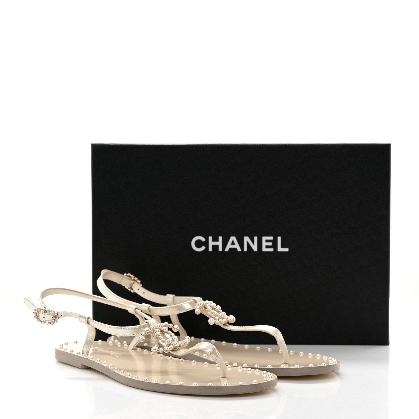 Iridescent Glazed Calfskin Pearl CC Thong Sandals 39 White