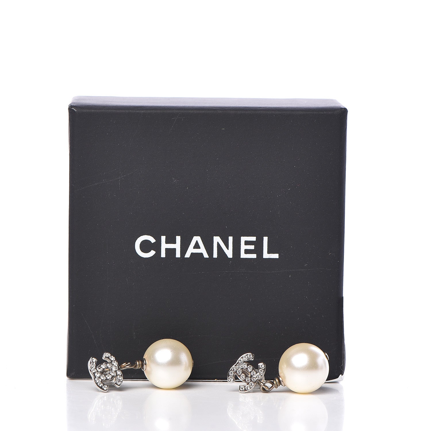 Chanel Crystal Pearl CC Drop Earrings Silver Pearly White 5 of 5