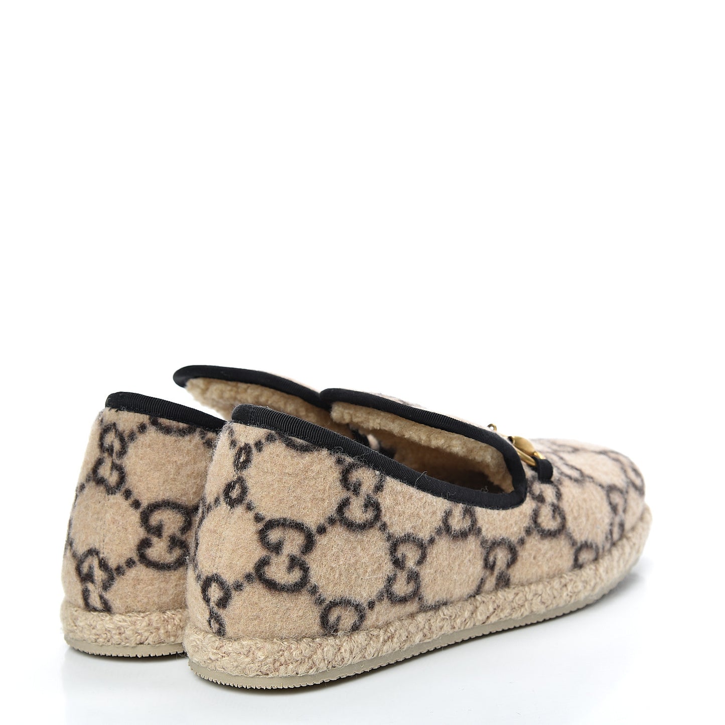 Covered Wool GG Monogram Womens Fria Horsebit Loafers 37 Beige Ebony Black Butterscotch