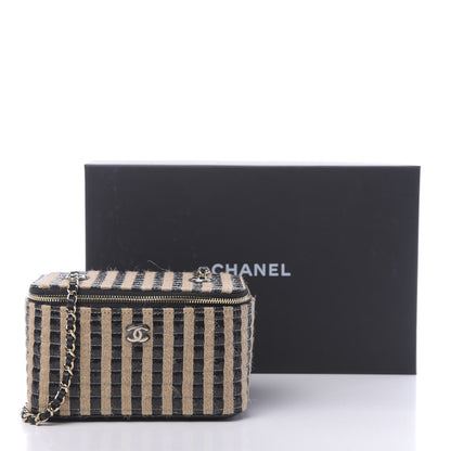 Chanel Raffia Jute Striped Small Vanity Case With Chain Black Beige 10 of 10