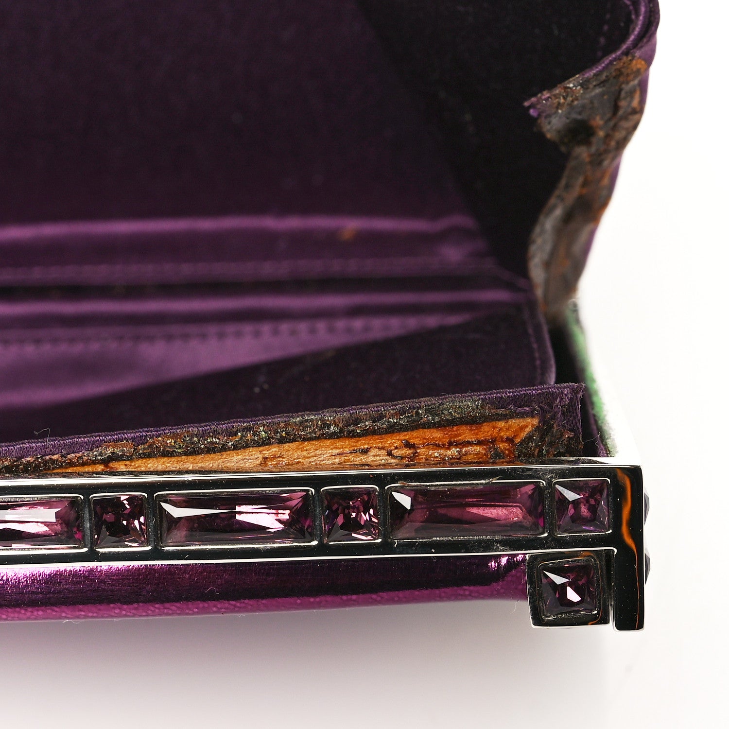 Judith Leiber Metallic Calfskin Box Clutch With Chain Purple Silver 9 of 11