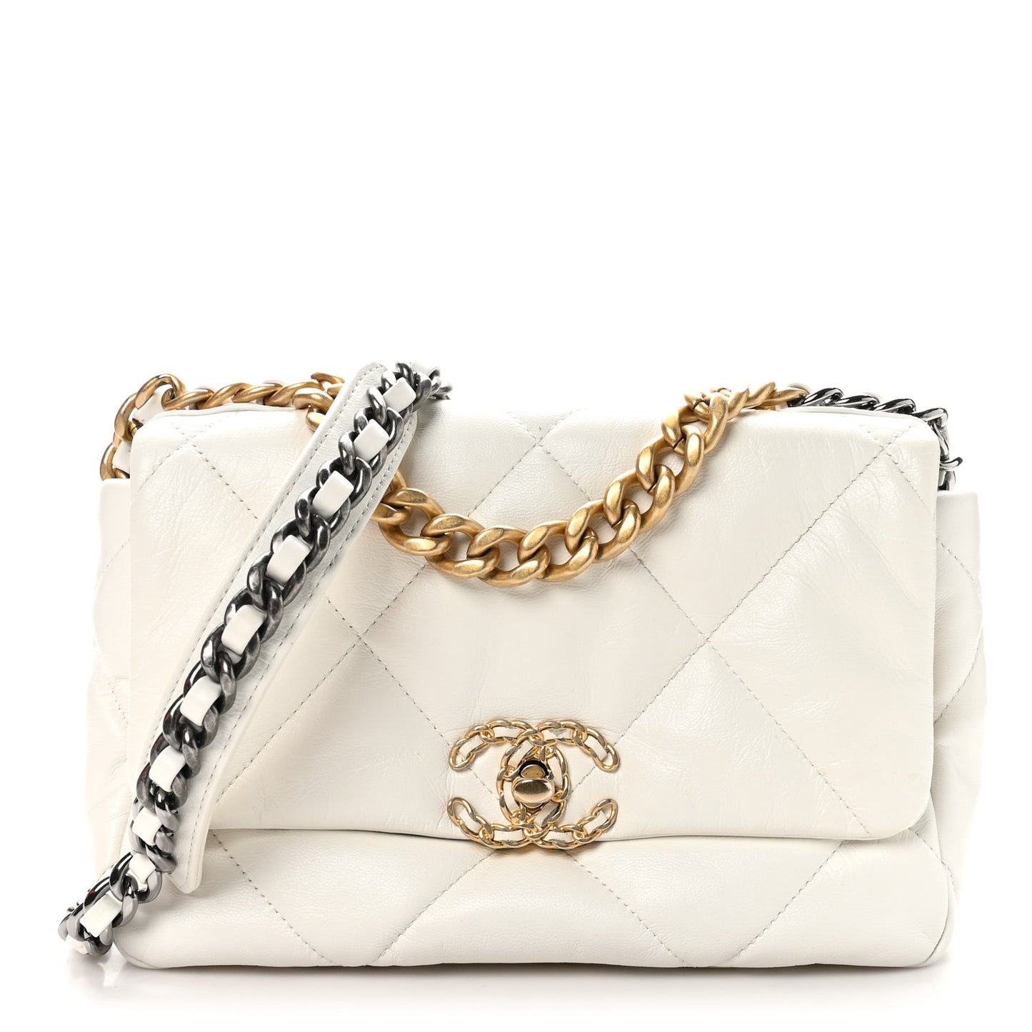 Shiny Crumpled Calfskin Quilted Medium Chanel 19 Flap White