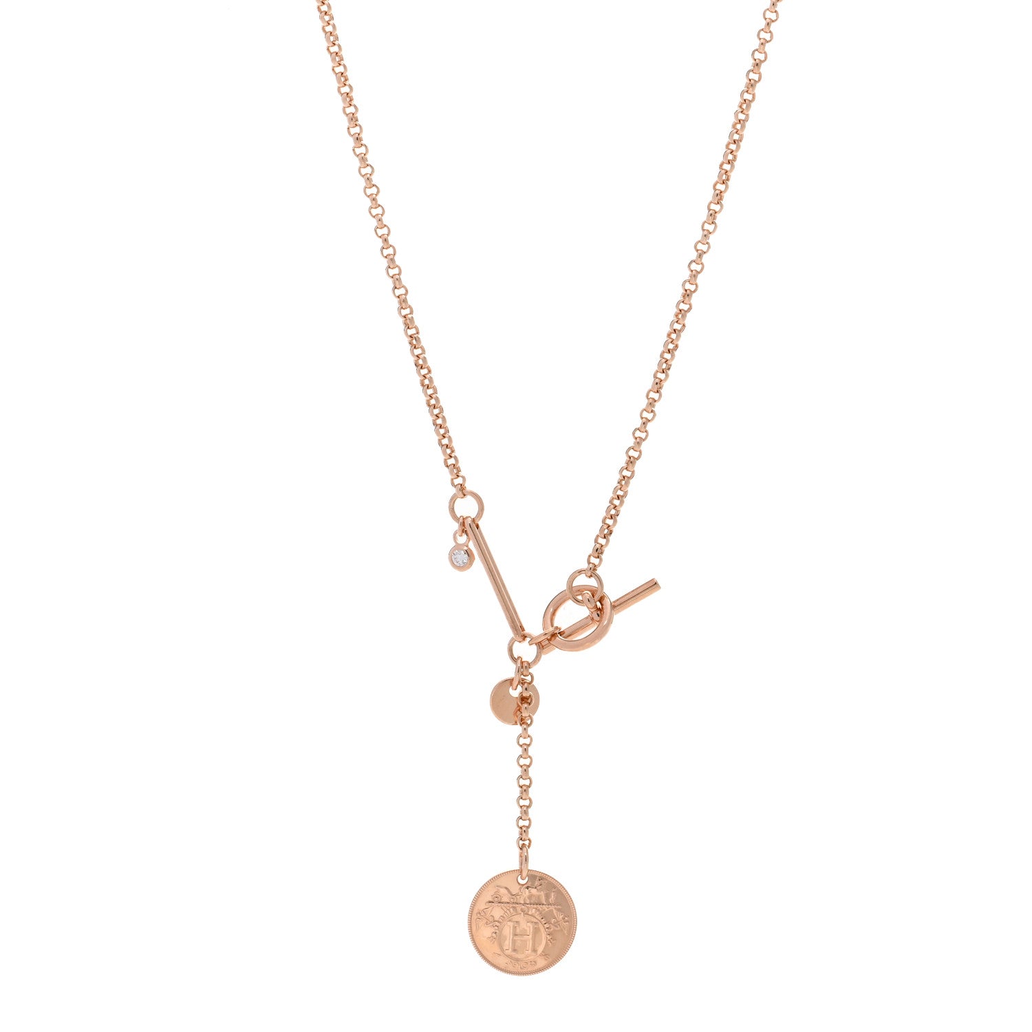 Hermes 18K Rose Gold Diamond PM Ex-Libris Pendant Necklace 1 of 5
