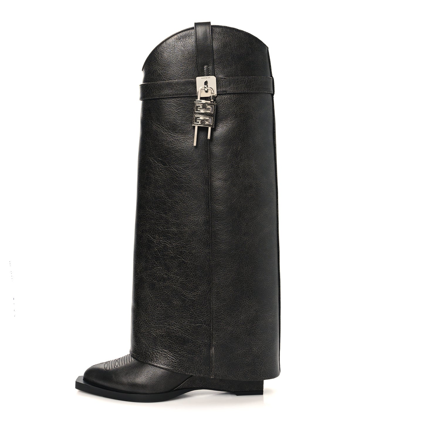 Aged Calfskin Cowboy Shark Lock High Boots 38 Black