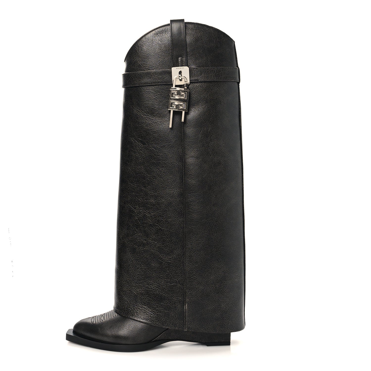 Givenchy Aged Calfskin Cowboy Shark Lock High Boots 38 Black 1 of 7