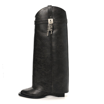 Givenchy Aged Calfskin Cowboy Shark Lock High Boots 38 Black 1 of 7