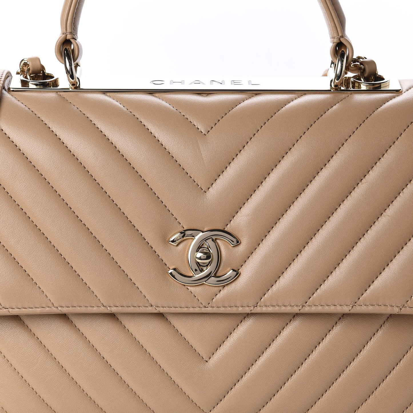 Lambskin Chevron Quilted Medium Trendy CC Dual Handle Flap Bag Beige