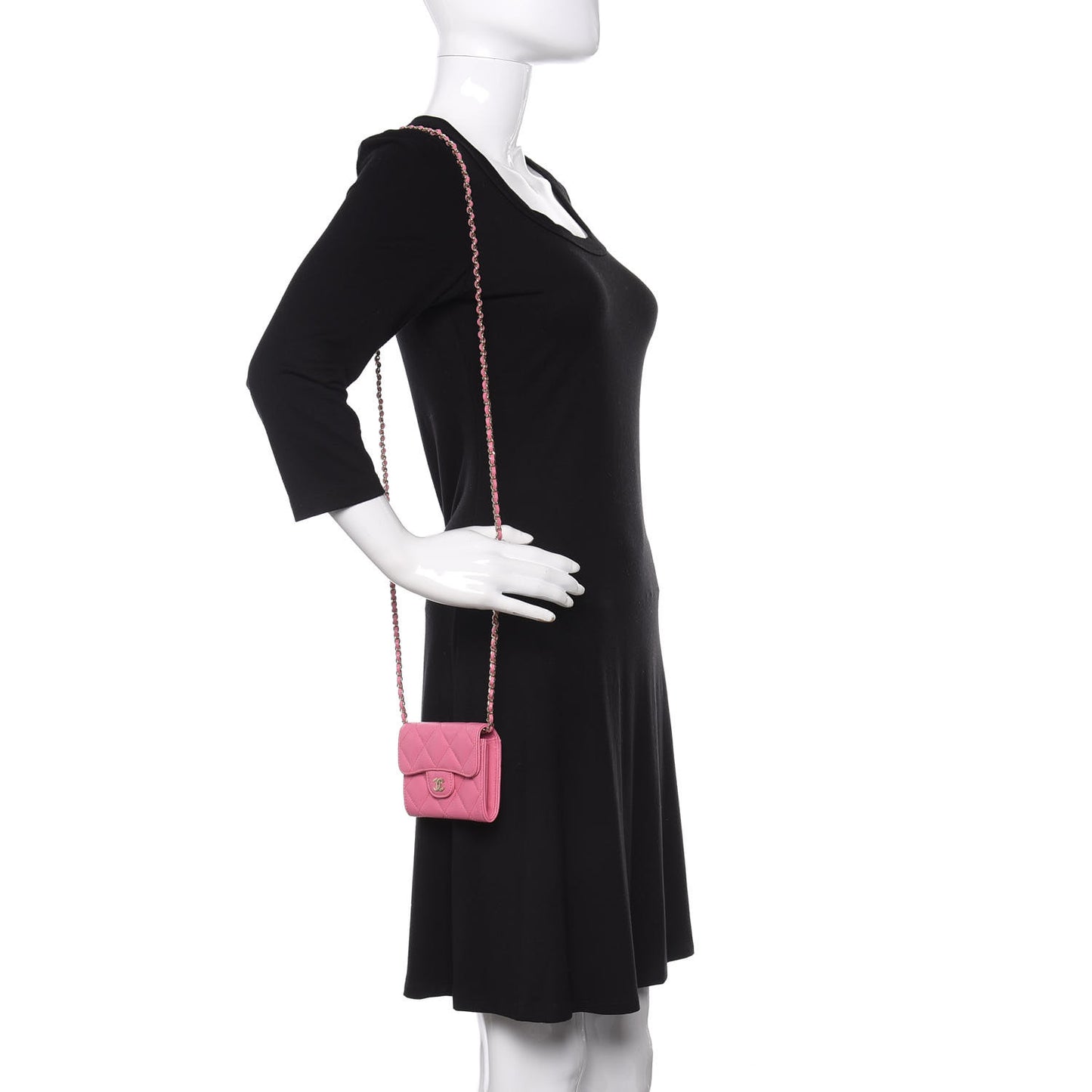 Caviar Quilted Flap Card Holder On Chain Pink