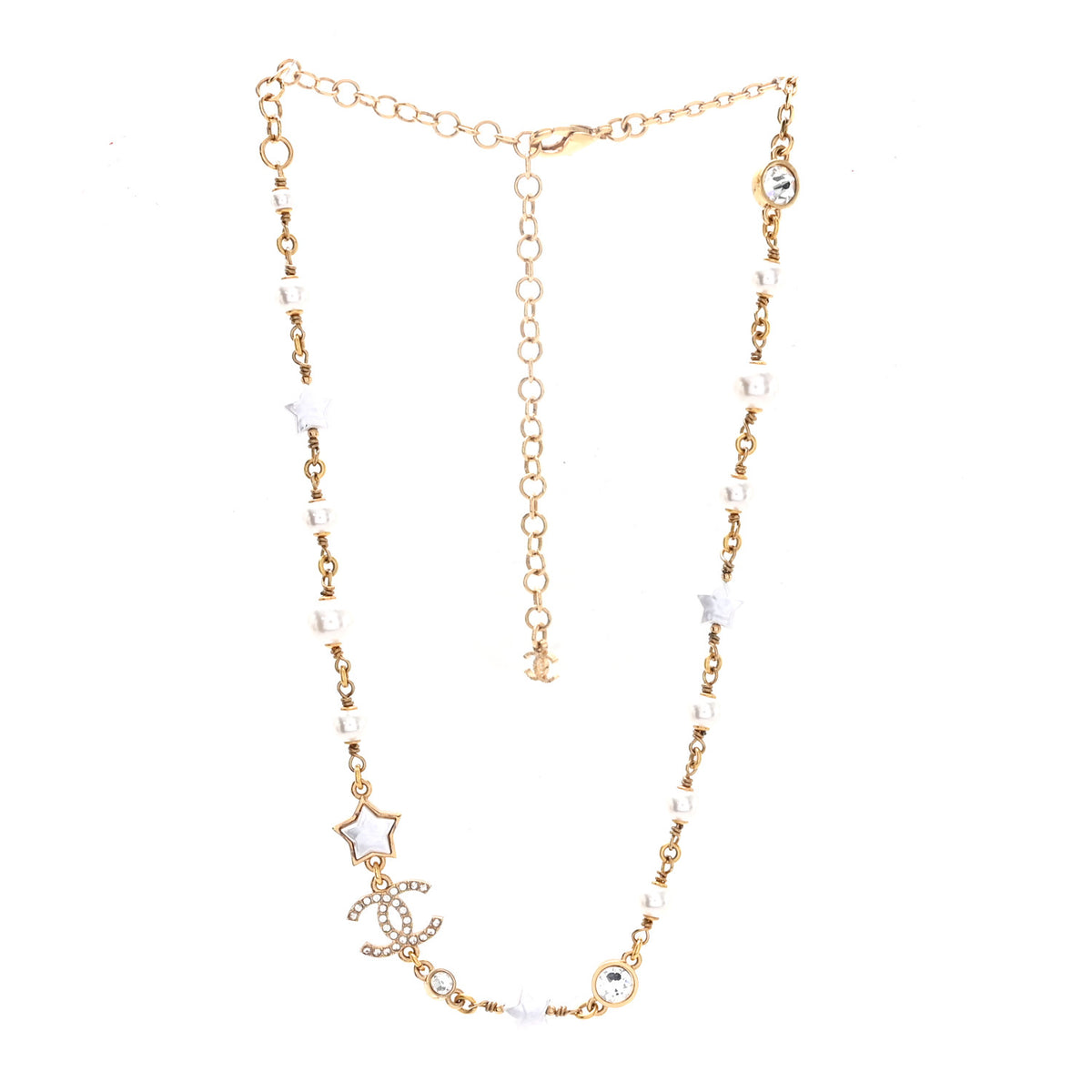 Chanel Metal Crystal Pearl CC Star Gold Pearly White 3 of 5