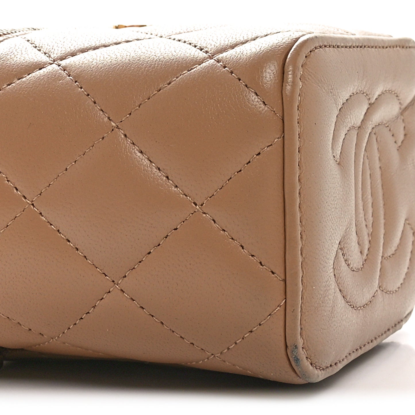 Lambskin Quilted Metal Mini Top Handle Vanity Case With Chain Beige