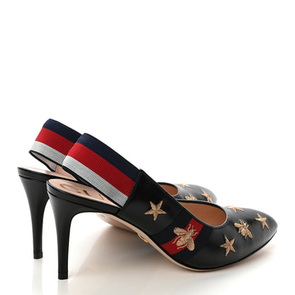 Gucci Calfskin Web Bee Star Embroidered Sylvie Mid Heel Slingback Pumps 39 Black 4 of 10