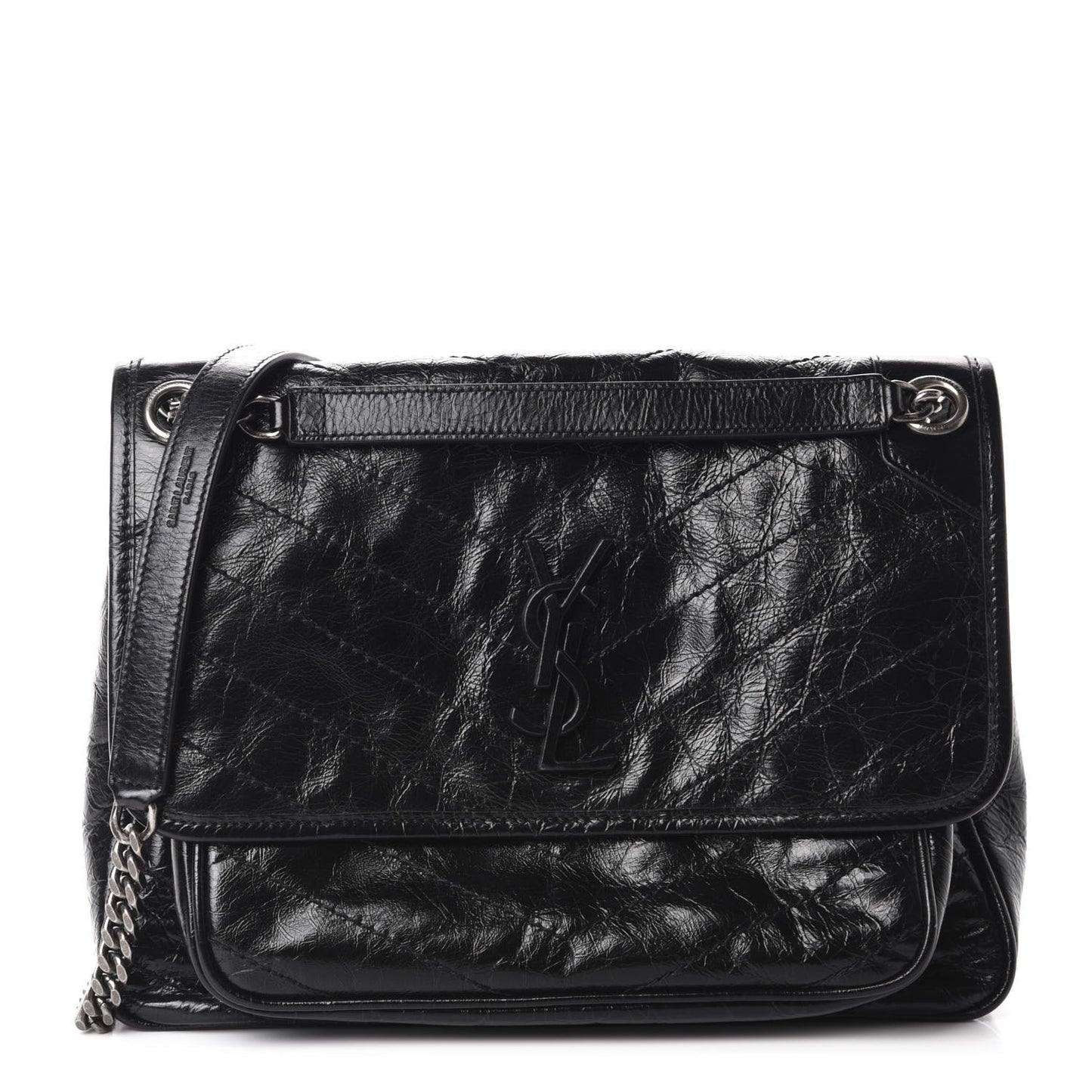 Crinkled Calfskin Matelasse Monogram Baby Niki Chain Satchel Black