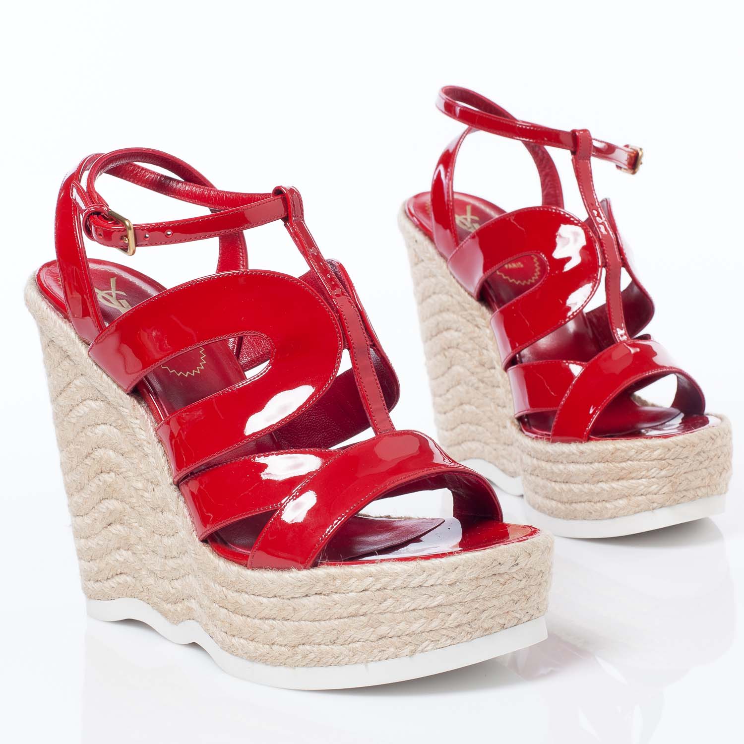 Saint Laurent Patent Saint Malo Platform Espadrille Wedge Sandals 38 NEW Red 6 of 10