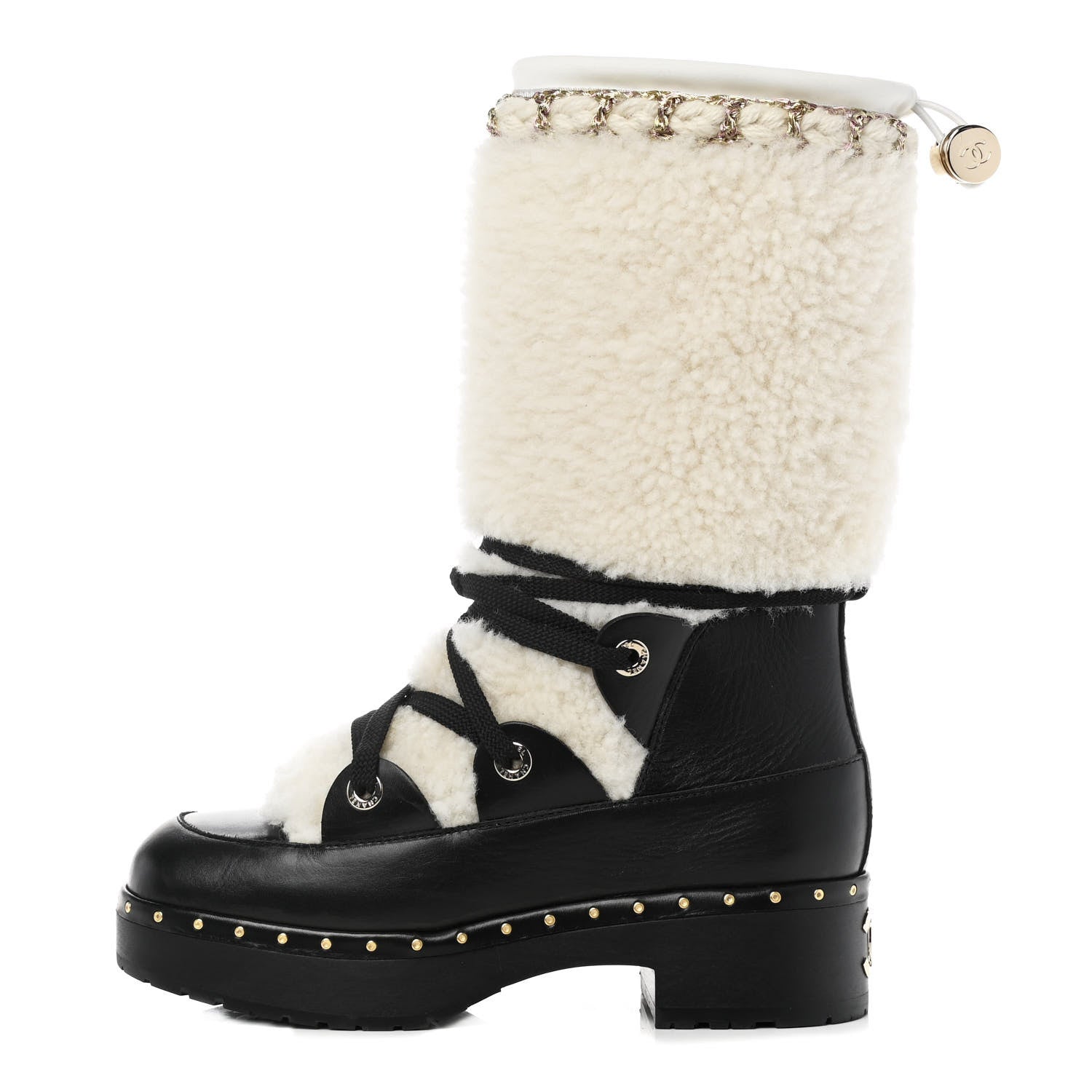 Chanel Shearling Chain Studded CC High Boot 36 Black 1 of 10