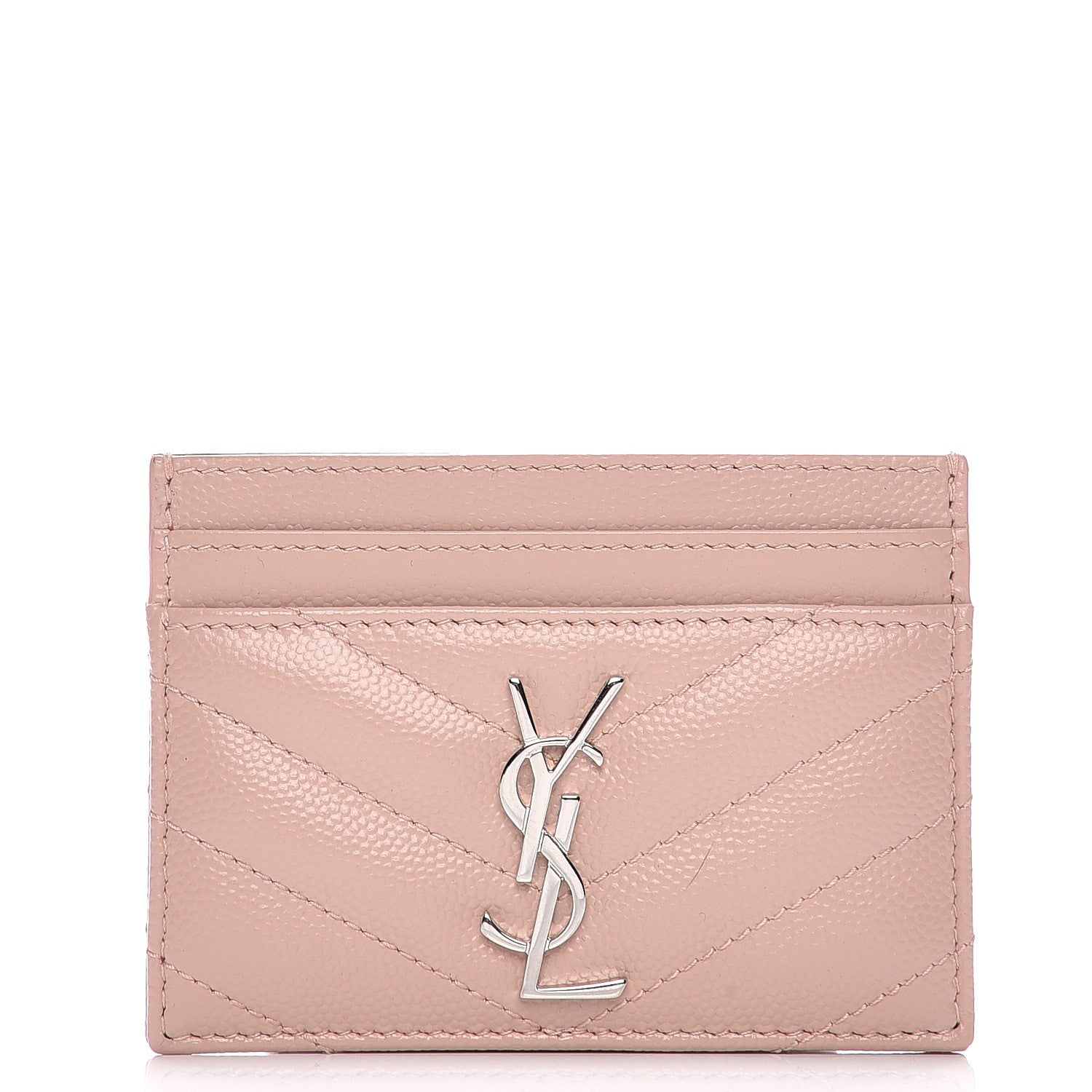 Saint Laurent Grain De Poudre Matelasse Chevron Monogram Credit Card Case Pale Pink 1 of 7
