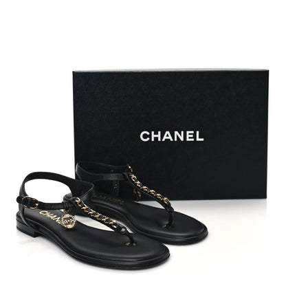 Chanel Lambskin Crystal CC Thong Sandals 37 Black 9 of 9