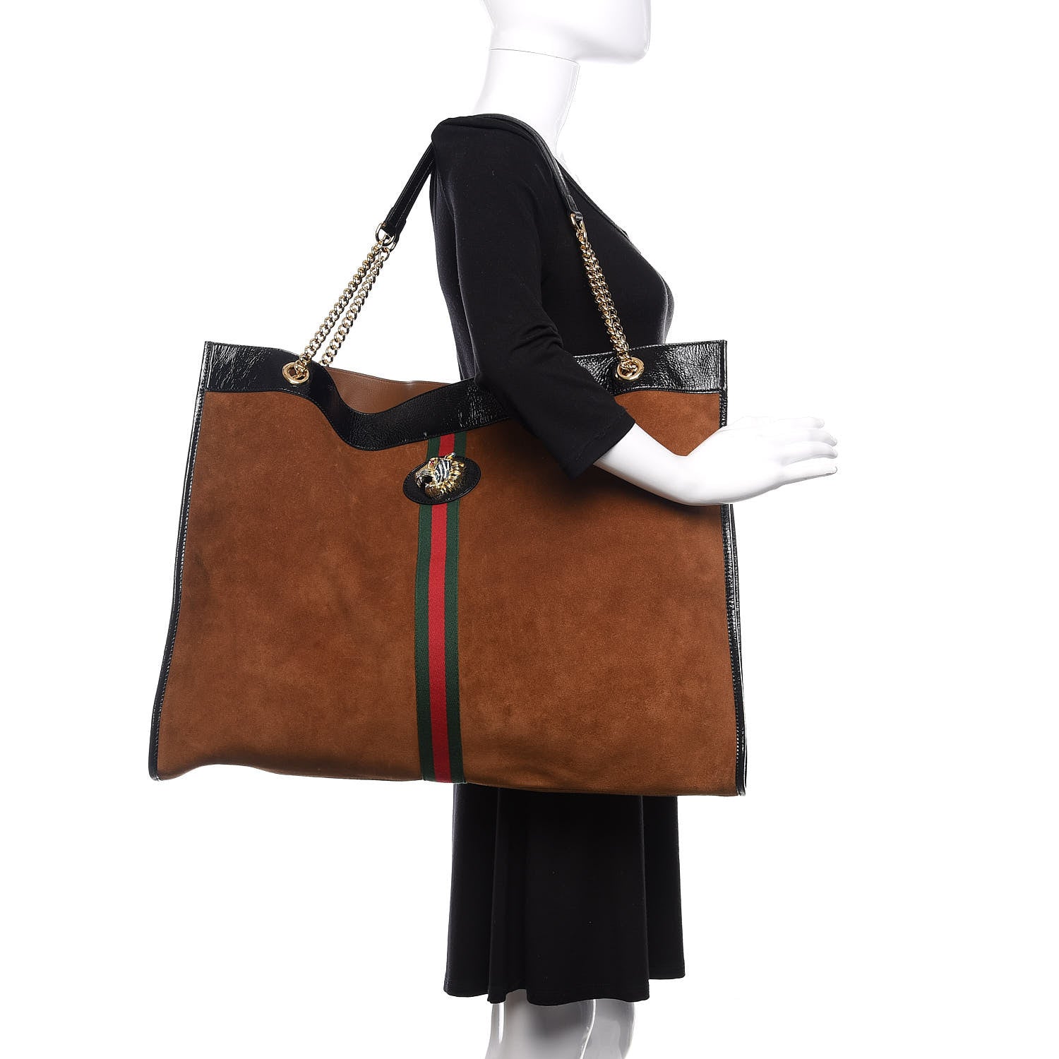 Gucci Suede Patent Maxi Rajah Chain Tote Nocciola Black 2 of 12