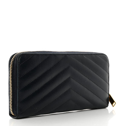Saint Laurent Grain De Poudre Matelasse Chevron Monogram Zip Around Wallet Navy 3 of 10
