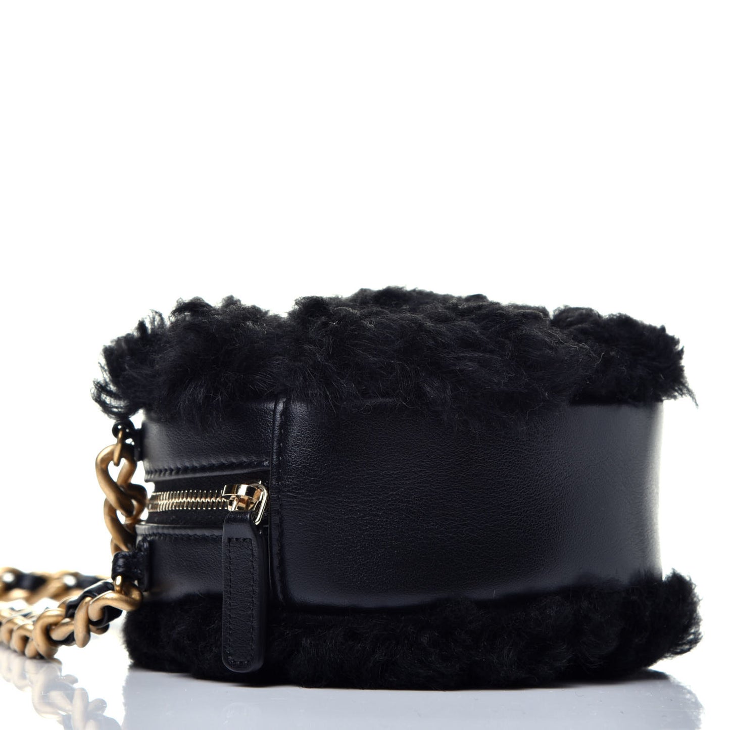 Shearling Sheepskin Chanel 19 Round Clutch With Chain Black