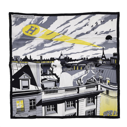 Hermes Silk Minuit Au Faubourg Scarf 70 Anthracite Blanc Jaune Vif 1 of 6