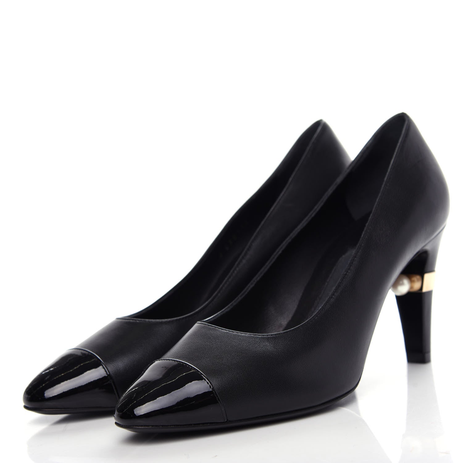 Chanel Lambskin Patent Cap Toe Pearl Pumps 37 Black 3 of 10
