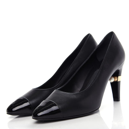 Chanel Lambskin Patent Cap Toe Pearl Pumps 37 Black 3 of 10