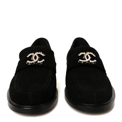 Chanel Suede Kidskin Crystal CC Loafers 38 Black 3 of 11