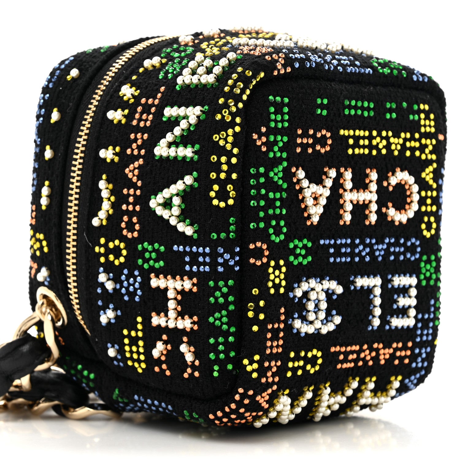 Chanel Tweed Pearl Studded Vanity Wrist Case With Chain Black Multicolor 10 of 11