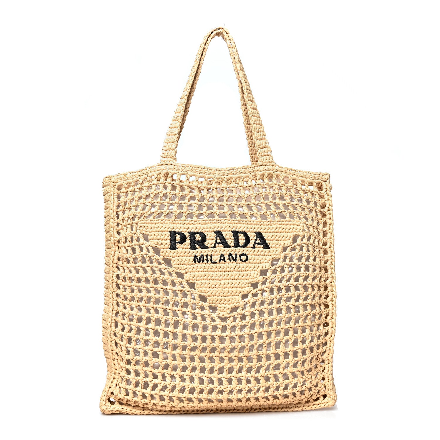 Prada Yarn Raffia Effect Crochet Logo Embroidered Tote Bag Naturale 1 of 9