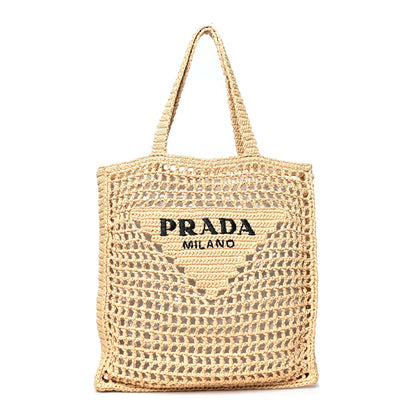 Prada Yarn Raffia Effect Crochet Logo Embroidered Tote Bag Naturale 1 of 9