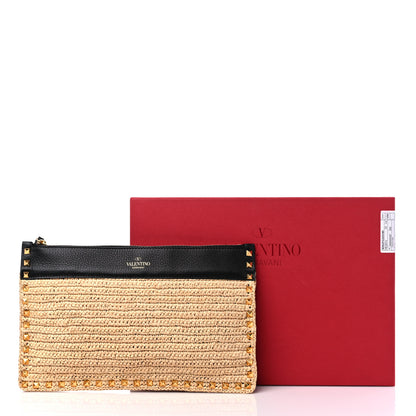 Valentino Garavani Raffia Calfskin Small Rockstud Zip Pouch Naturale Black 9 of 9